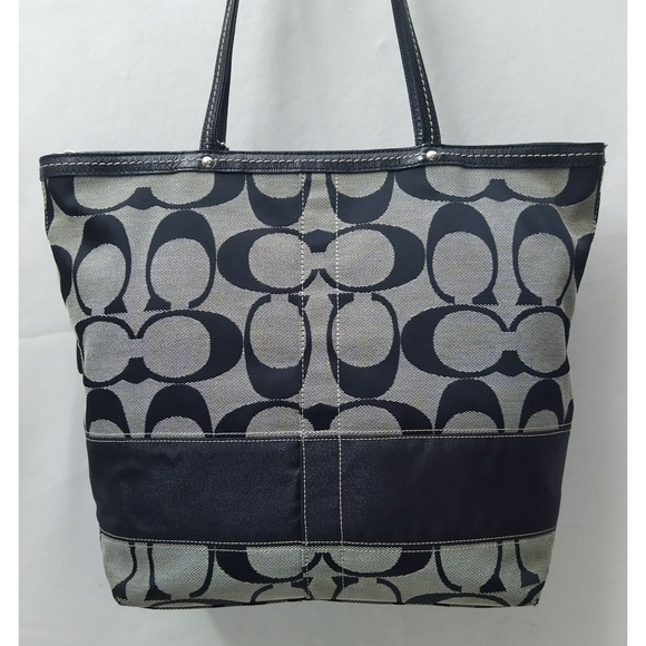 Coach Signature Black Canvas Stripe Double Handles Zipper Tote Shoulder Bag - Picture 16 of 16